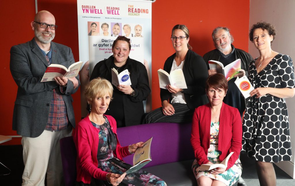 Debbie Hicks MBE, Nicola Pitman, James Withey, Malan Wilkinson, Ainsley Bladon, Professor Neil Frude and Helgard Krause at the launch of Reading Well for Mental Health