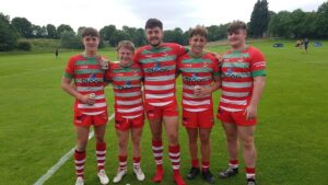 L-R Previous Academy learners Mathew Morgan (Leeds Beckett Uni), Kieran Lewis (Huddersfield Giants), Charley Bodman (Gloucester Uni), Ieuan Roberts (Cymoedd RL Academy) and Jacob Lee (Cymoedd RL)