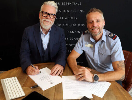 L-R Wolfberry Founder and CEO Damon Rands with Sergeant Andrew Oldham, Engagement Lead, 614 Squadron RAF