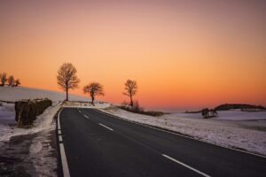 road, trees, sunset