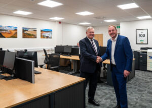 Alun Williams, CEO, Swansea Building Society welcomes Cllr Rob Stewart, Swansea Council Leader, for official opening of Swansea Building Society head office expansion