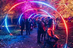 Families walking through Christmas at Bute Park