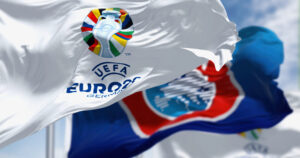 The flags of Euro 2024 and UEFA fluttering in the wind