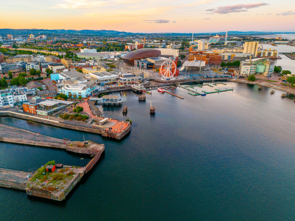 Sunset panorama view of Cardiff bay in Wales