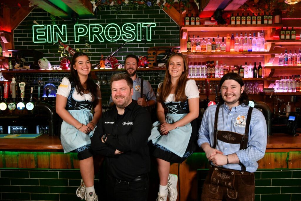 From left Mimi Derilo, venue manager Josh Donnelly, Connor Powell, Eleanor Jones and Joe Thirwell_Barbara's Bier Haus[53]