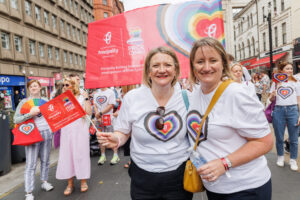 L-R-Julie-Anne-Haines-chief-executive-officer-and-Vicky-Wales-chief-customer-officer-for-Principality-Building-Society-at-2024s-Pride-parade