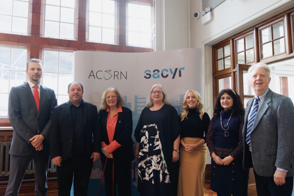 (LtR) Alejandro Mendoza Monfort of Sacyr UK, Cllr Marc Palmer, Julie Morgan MS, Cllr Kate Carr, Katie Hathaway &amp; Elena Castro Blanco of Sacyr UK &amp; Stephen Harries, Velindre NHS Trust