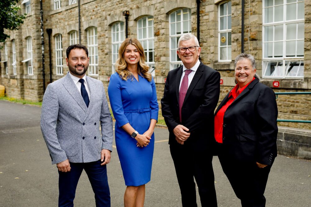 Mrs Buckét and Brynteg celebrate new partnership L-R David Downing new facilities co-ordinator at Brynteg Rachael Flanagan managing director Mrs Buckét Ryan Davies He (003)