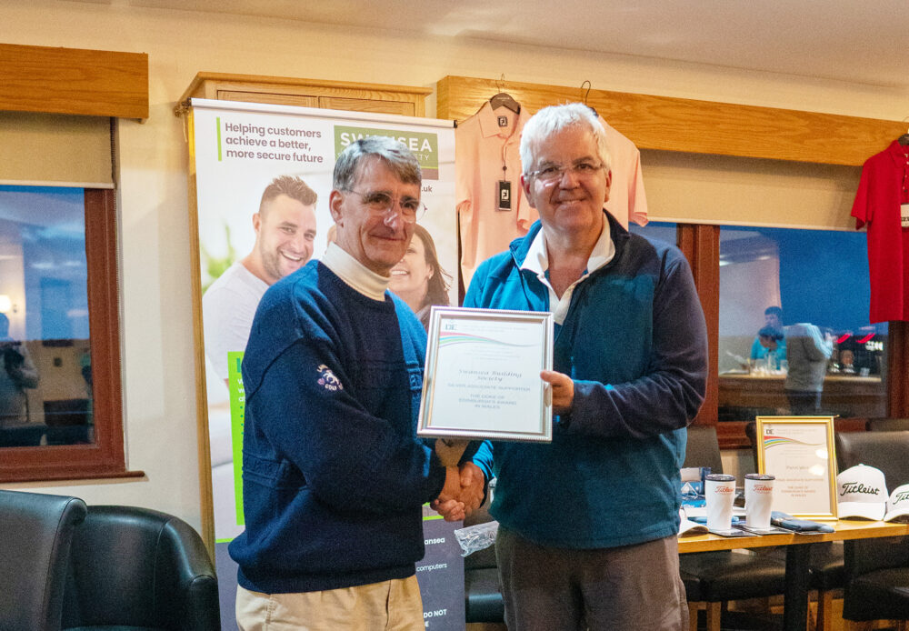 Robert Lloyd Griffiths OBE Chair of DofE Wales Business Group presents Silver Associate Supporter certificate to Ieuan Griffiths Chair of Swansea Building Society