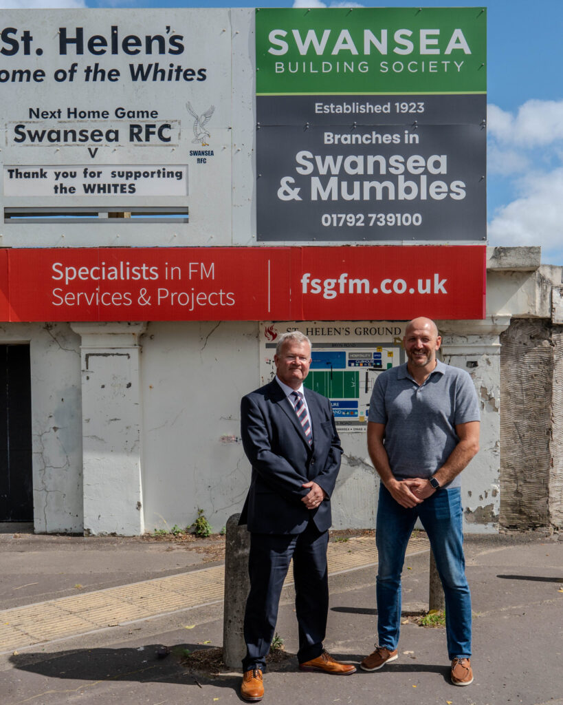 Alun Williams, CEO of Swansea Building Society, (left) with David Blyth, Board Member, Swansea RFC, (right) outside St Helen’s Ground Swansea.