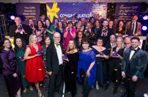 The CIPD Awards in Wales winners with host Jason Mohammad and head of The CIPD in Wales Lesley Richards