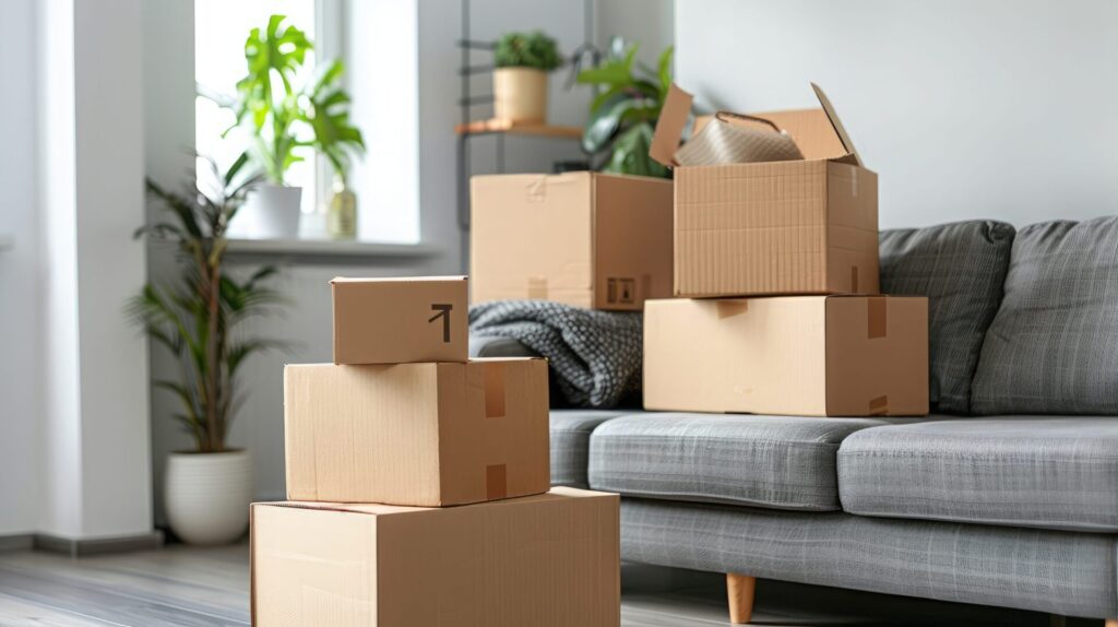 Moving day concept, cardboard carton boxes stack with household belongings in modern house living room, packed containers on floor in new home, relocation, renovation, removals and delivery service