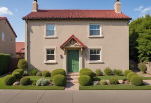 pikaso_texttoimage_A-twostory-beige-house-with-a-red-tile-roof-green-